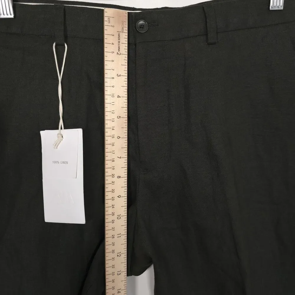 ZARA Mens New 32X30 Dress Pants 100% Linen Olive Green Straight Leg Tailored